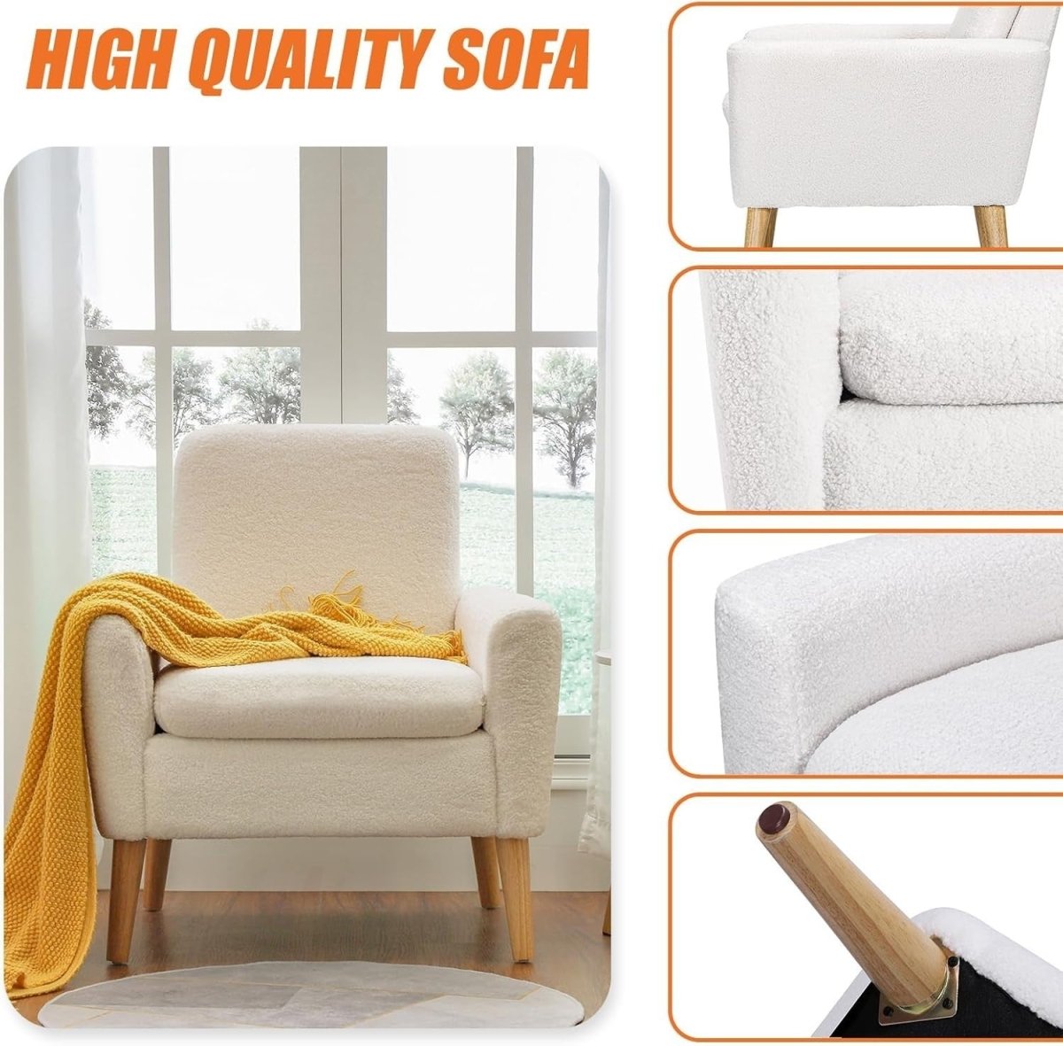 White Sherpa Accent Chair Comfy Armchair for Living Room Bedroom Office - Kwikley