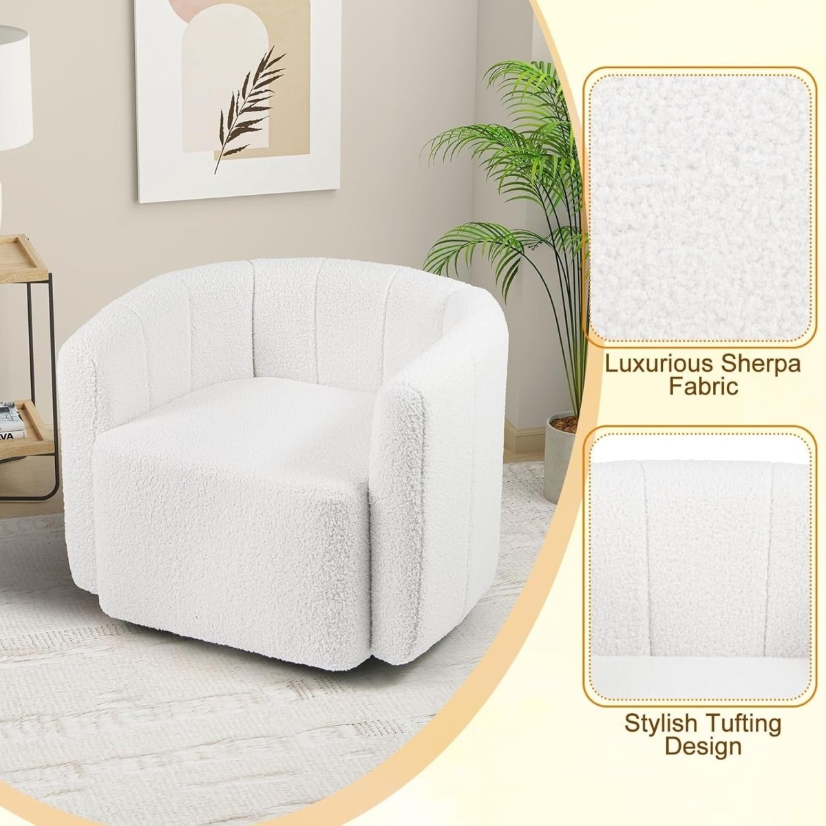 White Sherpa Swivel Accent Chair 360° Barrel Armchair Lounge Sofa - Kwikley