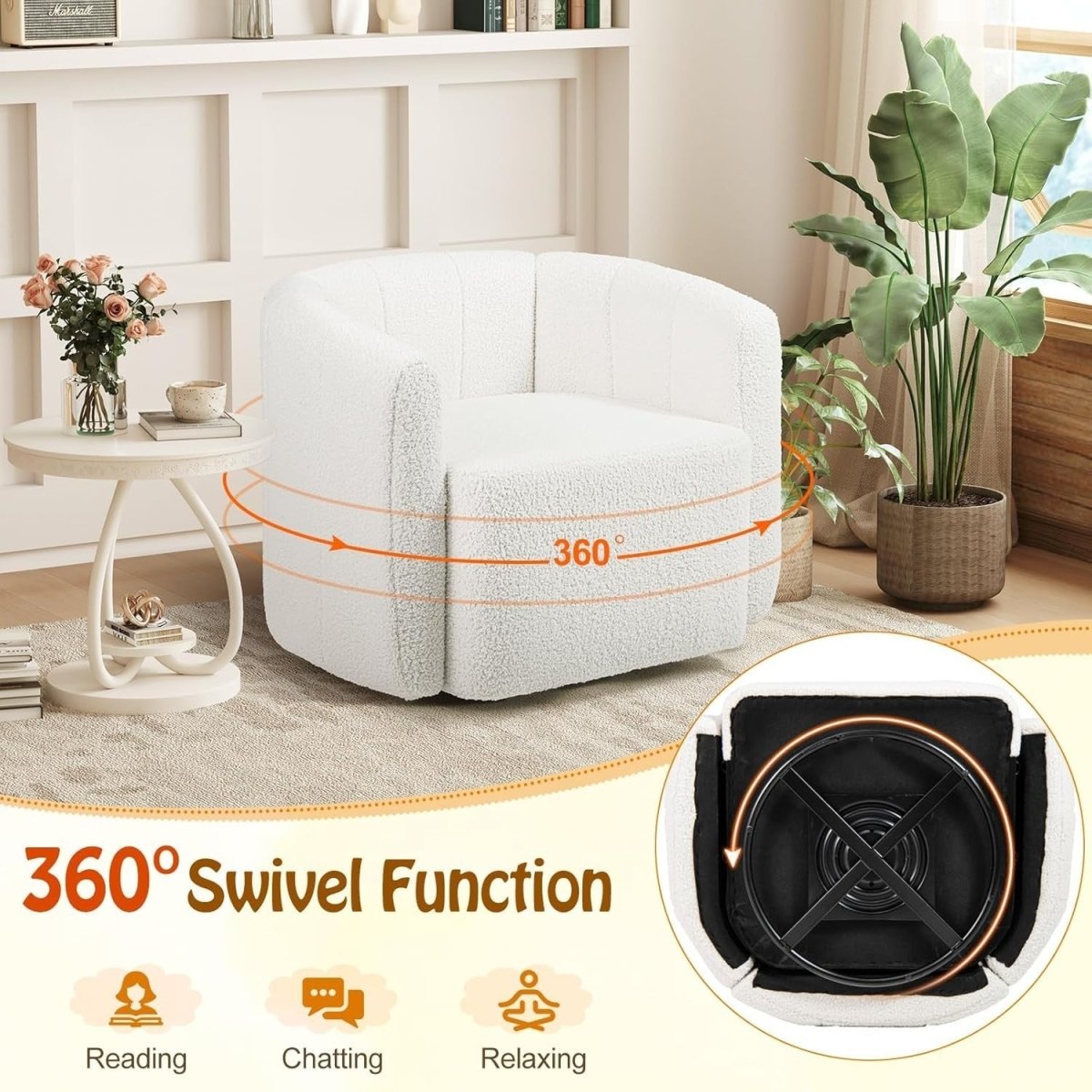 White Sherpa Swivel Accent Chair 360° Barrel Armchair Lounge Sofa - Kwikley