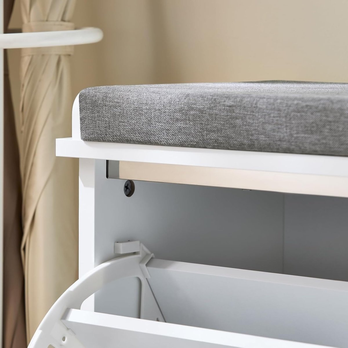 White Shoe Bench with Flip Drawer & Cushion | Small Hallway Storage Seat Unit - Kwikley