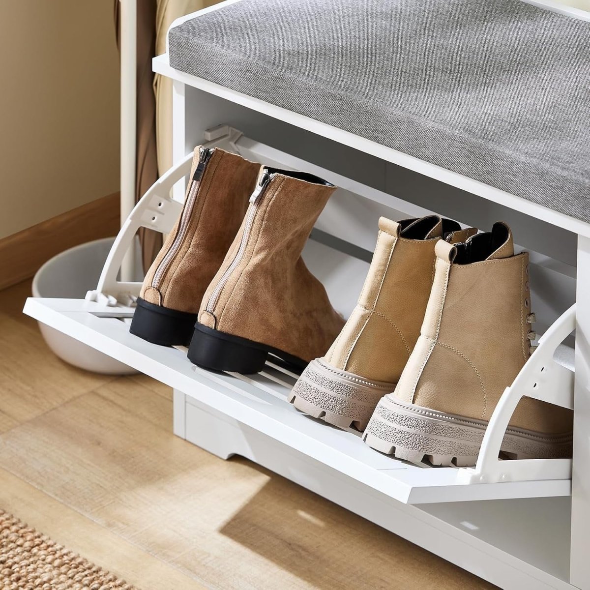 White Shoe Bench with Flip Drawer & Cushion | Small Hallway Storage Seat Unit - Kwikley