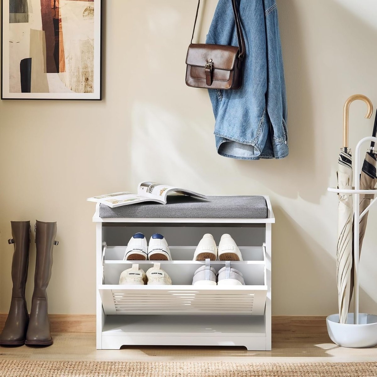 White Shoe Bench with Flip Drawer & Cushion | Small Hallway Storage Seat Unit - Kwikley
