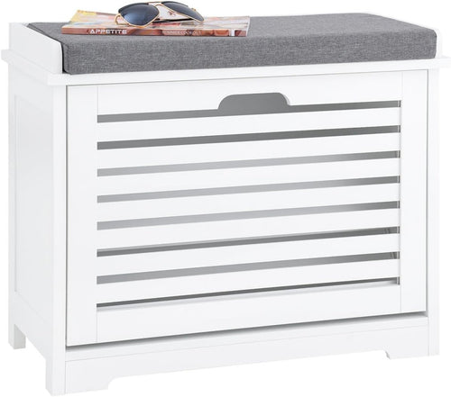 White Shoe Bench with Flip Drawer & Cushion | Small Hallway Storage Seat Unit - Kwikley