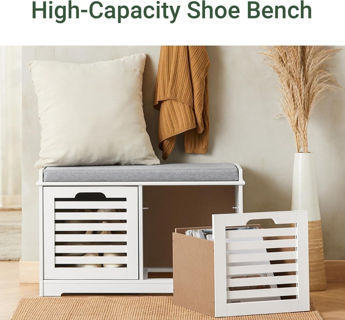 White Shoe Storage Bench with Cushion | 2 Drawer Hallway Seat Cabinet Unit - Kwikley