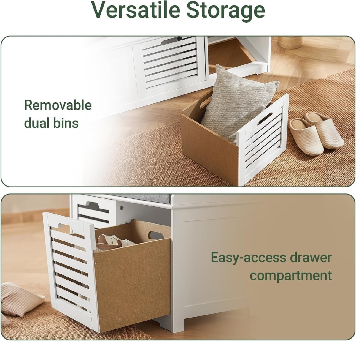 White Shoe Storage Bench with Cushion | 2 Drawer Hallway Seat Cabinet Unit - Kwikley