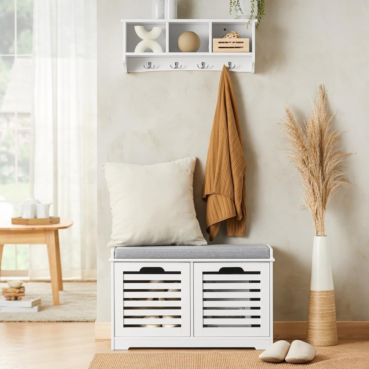 White Shoe Storage Bench with Cushion | 2 Drawer Hallway Seat Cabinet Unit - Kwikley