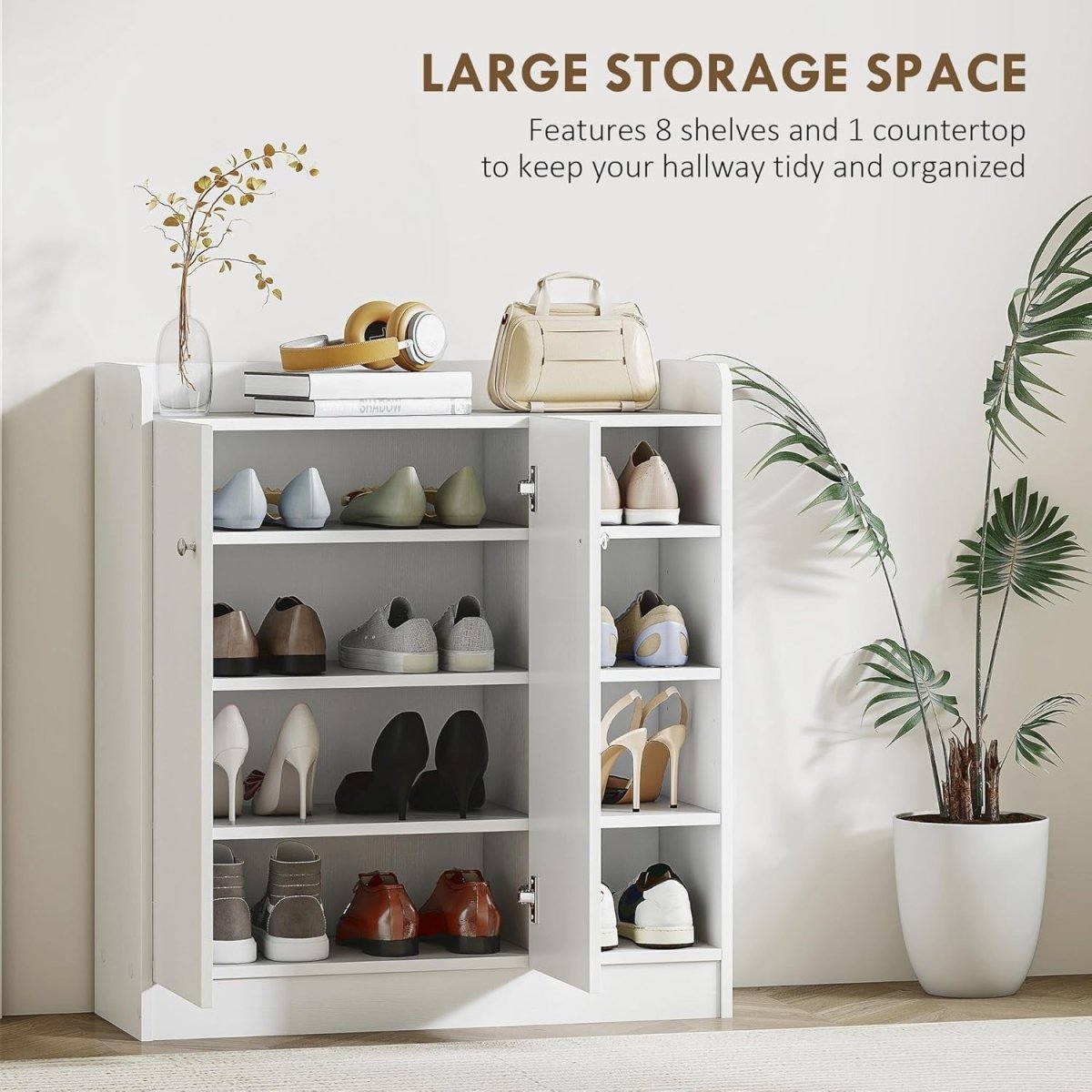 White Shoe Storage Cabinet 2 Door Cupboard – Adjustable 4 Shelf Hallway Unit - Kwikley