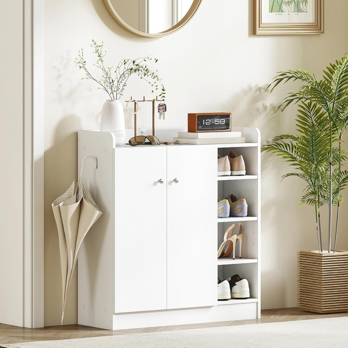 White Shoe Storage Cabinet 2 Door Cupboard – Adjustable 4 Shelf Hallway Unit - Kwikley