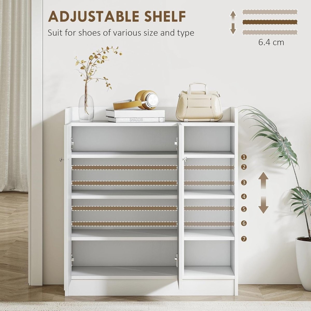 White Shoe Storage Cabinet 2 Door Cupboard – Adjustable 4 Shelf Hallway Unit - Kwikley