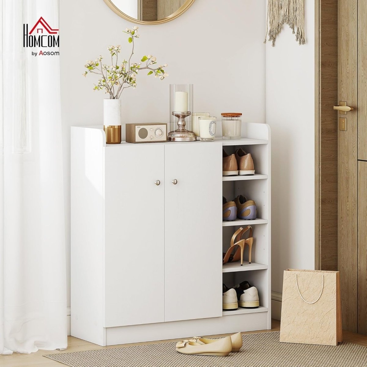 White Shoe Storage Cabinet 2 Door Cupboard – Adjustable 4 Shelf Hallway Unit - Kwikley