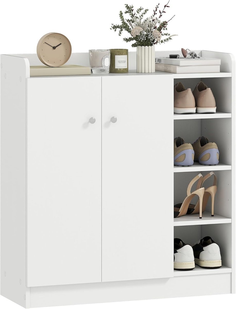 White Shoe Storage Cabinet 2 Door Cupboard – Adjustable 4 Shelf Hallway Unit - Kwikley