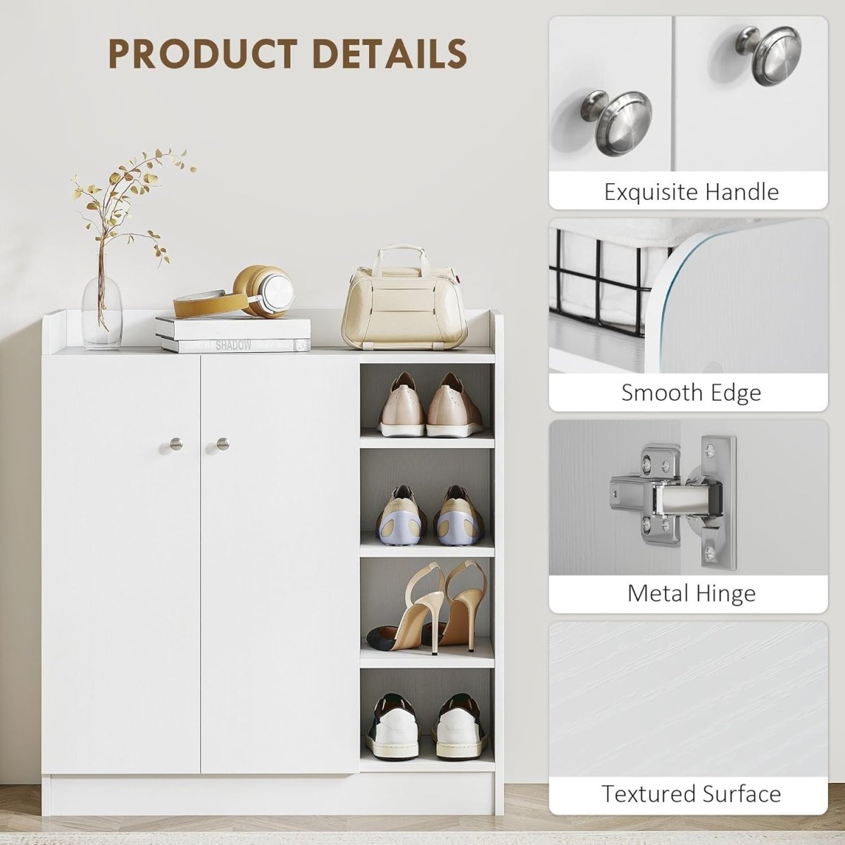 White Shoe Storage Cabinet 2 Door Cupboard – Adjustable 4 Shelf Hallway Unit - Kwikley