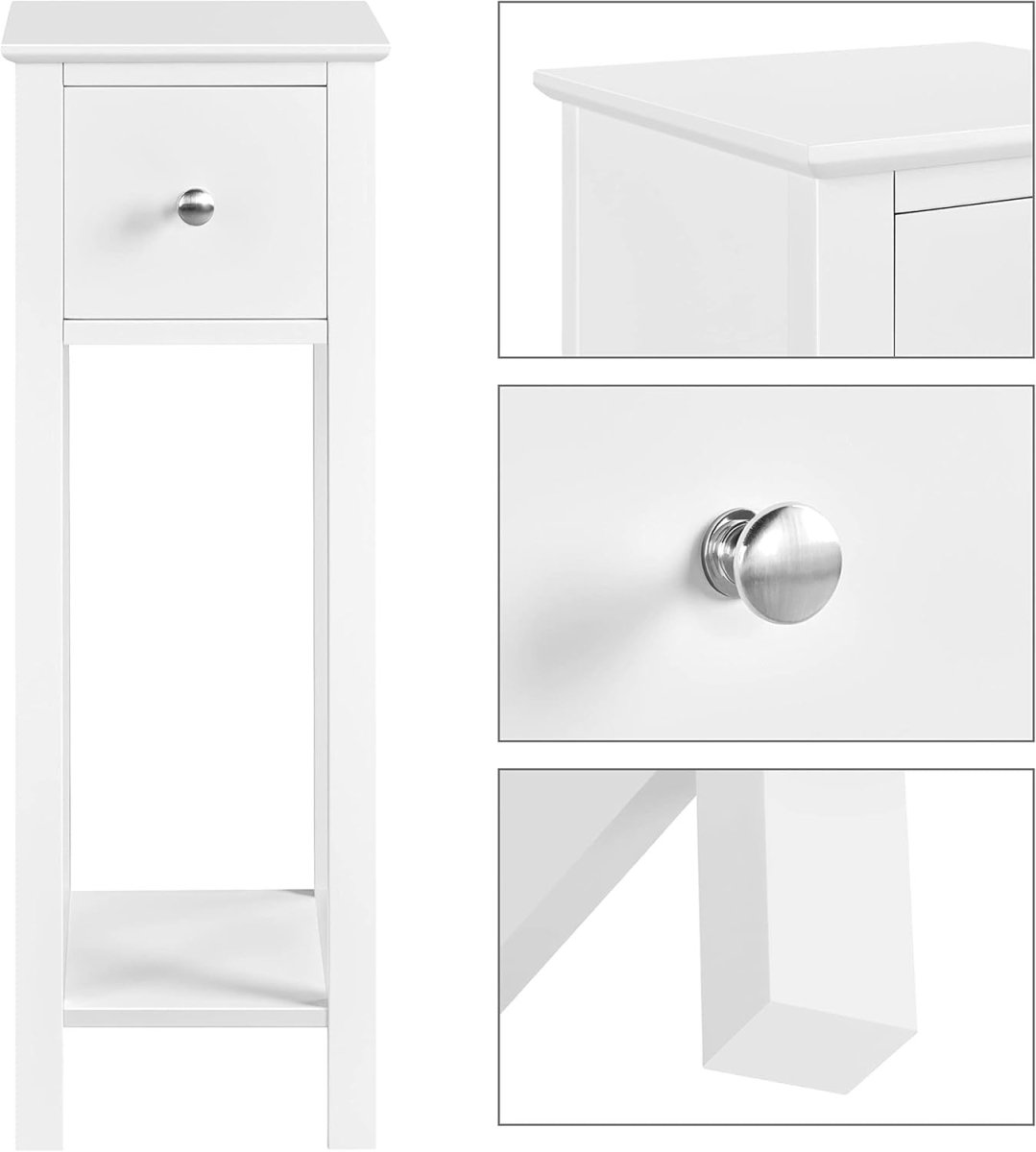 White Slim Tall Bedside Table with Drawer & Shelf – Narrow 25x25x70cm Stand - Kwikley