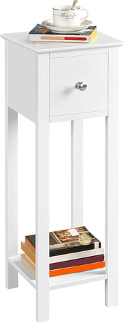 White Slim Tall Bedside Table with Drawer & Shelf – Narrow 25x25x70cm Stand - Kwikley