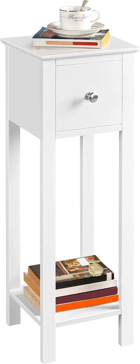 White Slim Tall Bedside Table with Drawer & Shelf – Narrow 25x25x70cm Stand - Kwikley