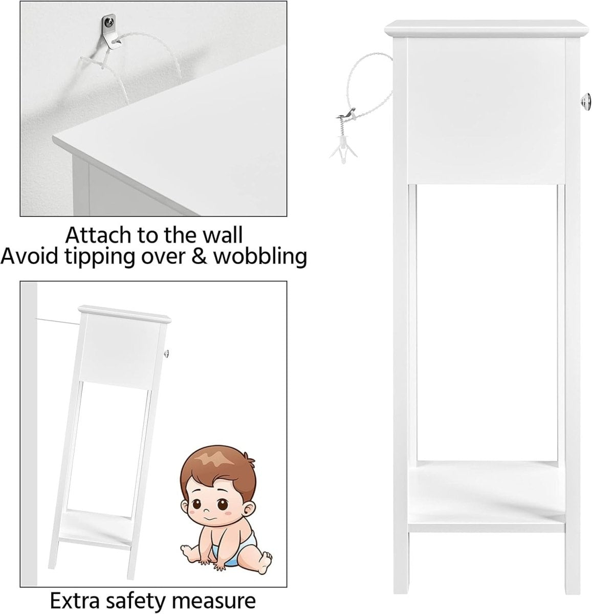 White Slim Tall Bedside Table with Drawer & Shelf – Narrow 25x25x70cm Stand - Kwikley
