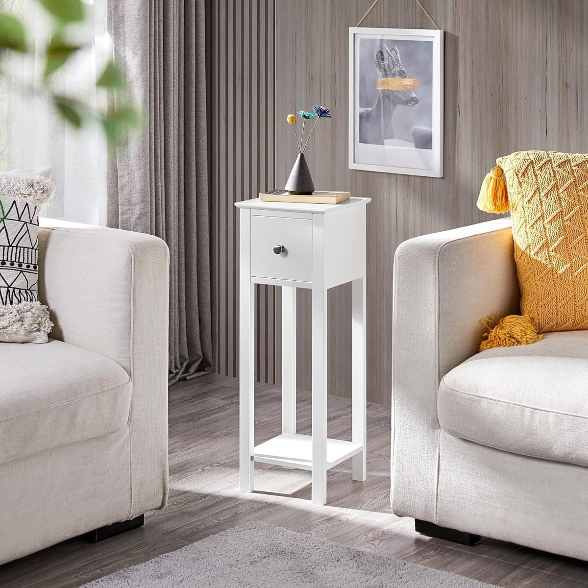 White Slim Tall Bedside Table with Drawer & Shelf – Narrow 25x25x70cm Stand - Kwikley