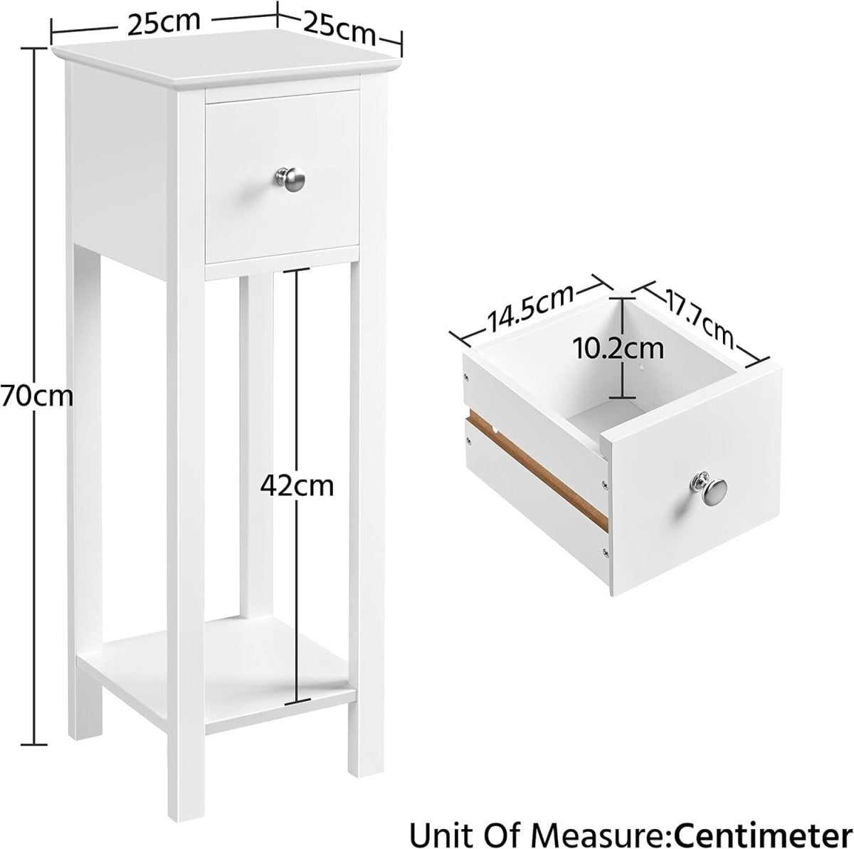 White Slim Tall Bedside Table with Drawer & Shelf – Narrow 25x25x70cm Stand - Kwikley