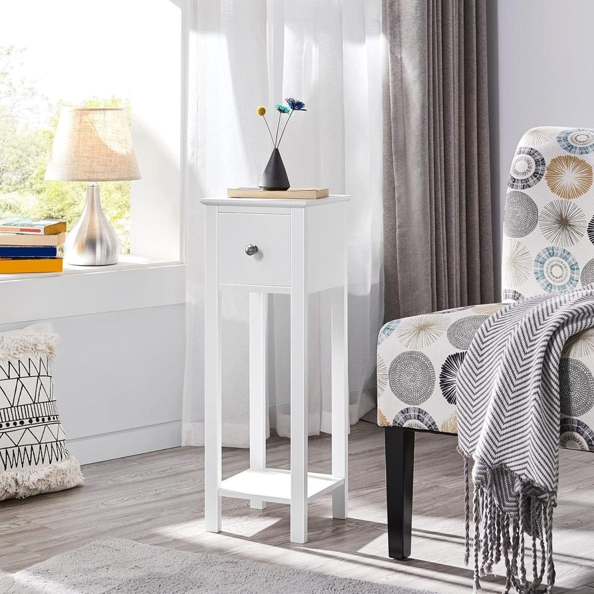 White Slim Tall Bedside Table with Drawer & Shelf – Narrow 25x25x70cm Stand - Kwikley