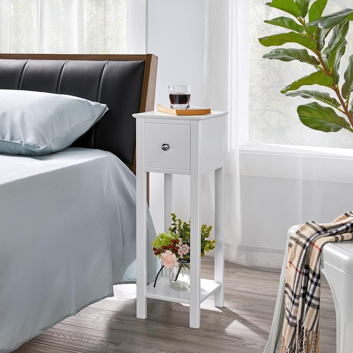 White Slim Tall Bedside Table with Drawer & Shelf – Narrow 25x25x70cm Stand - Kwikley