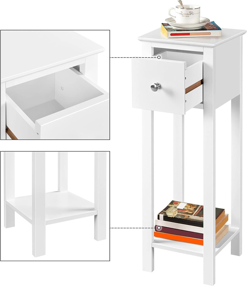 White Slim Tall Bedside Table with Drawer & Shelf – Narrow 25x25x70cm Stand - Kwikley