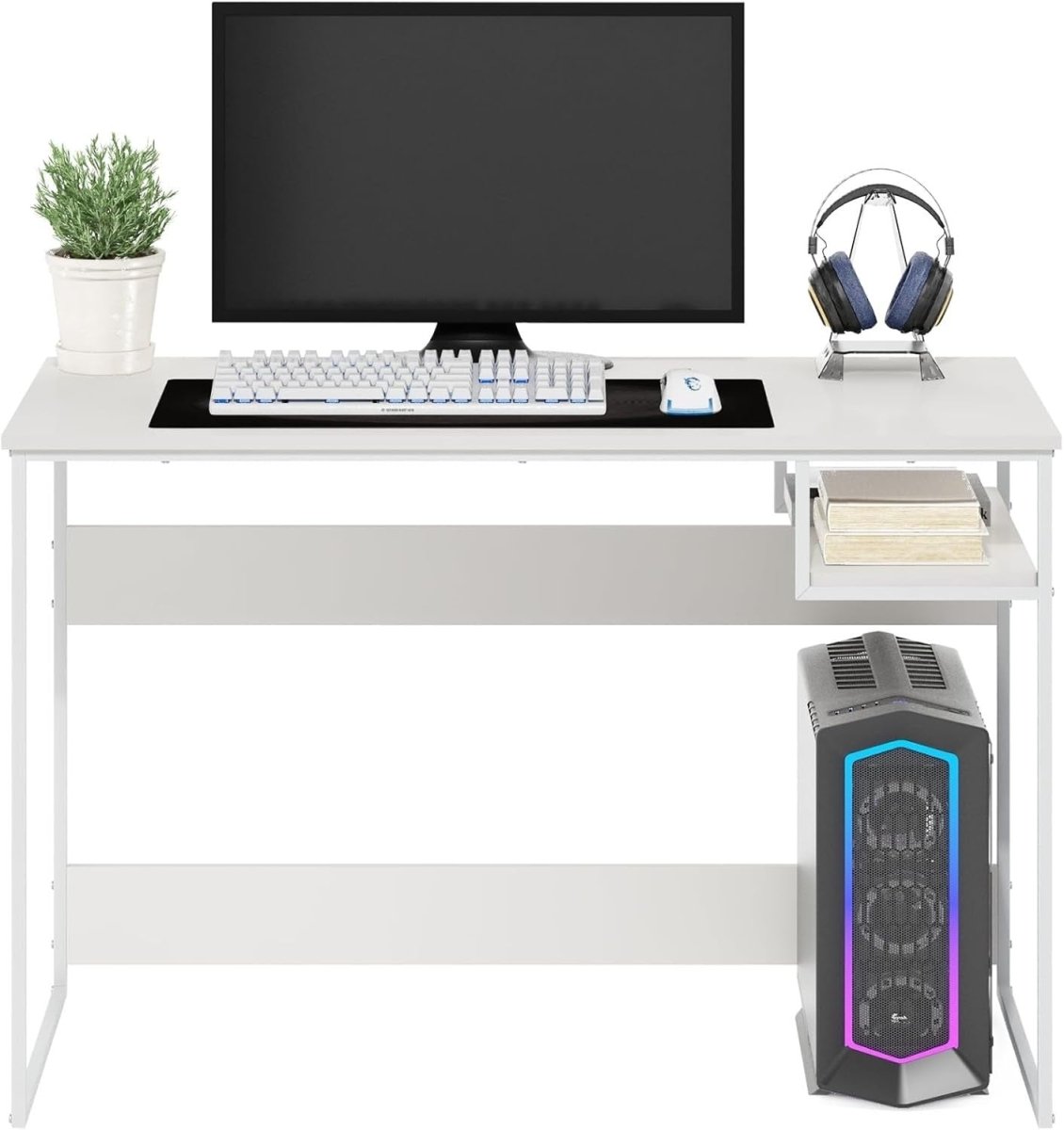 White Study Desk 114x51x75cm Modern Computer Table with Storage Shelf - Kwikley