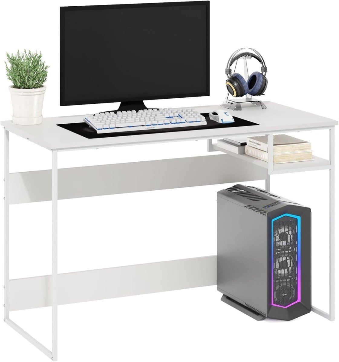 White Study Desk 114x51x75cm Modern Computer Table with Storage Shelf - Kwikley