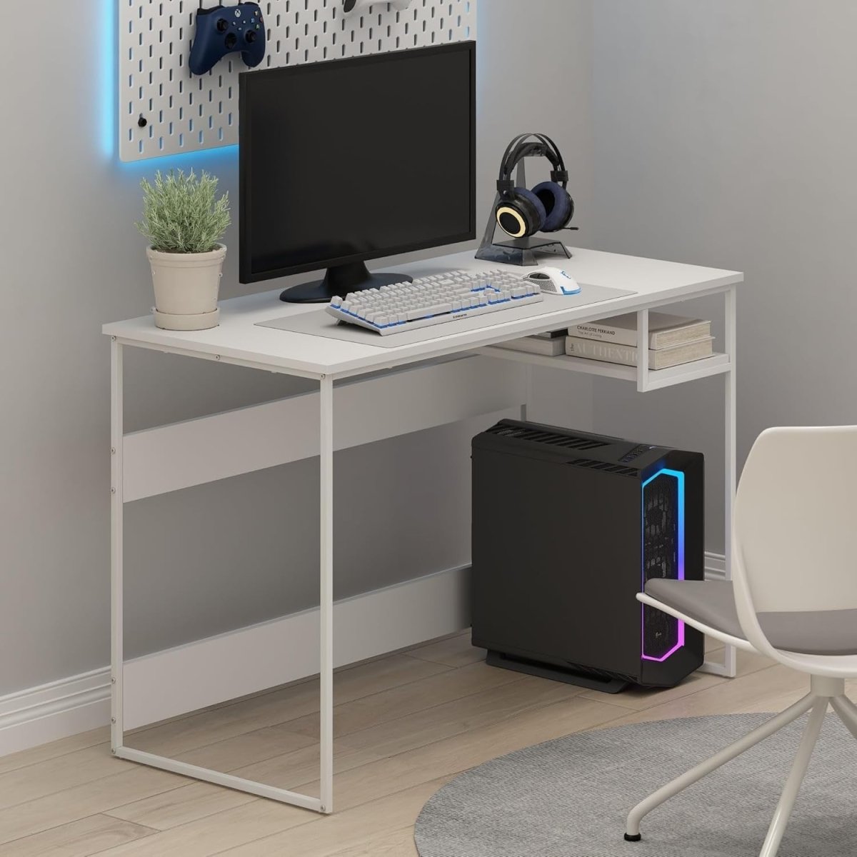 White Study Desk 114x51x75cm Modern Computer Table with Storage Shelf - Kwikley