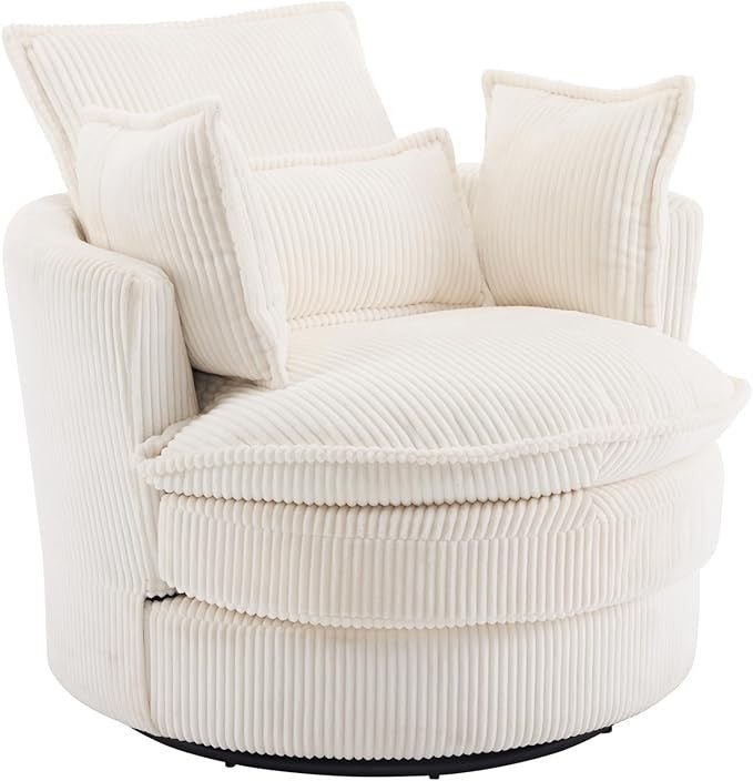 White Swivel Barrel Accent Chair 360° Rotating Cuddle Tub Armchair - Kwikley