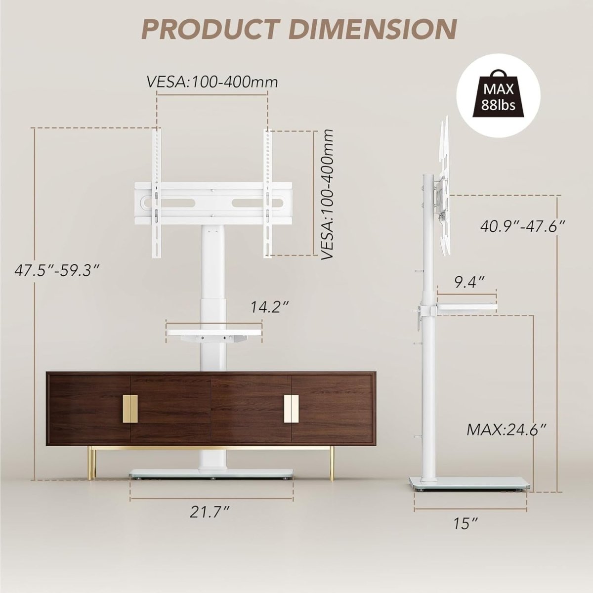 White Swivel Floor TV Stand 27–65" w/ Shelf, Height Adjustable, Corner Fit - Kwikley
