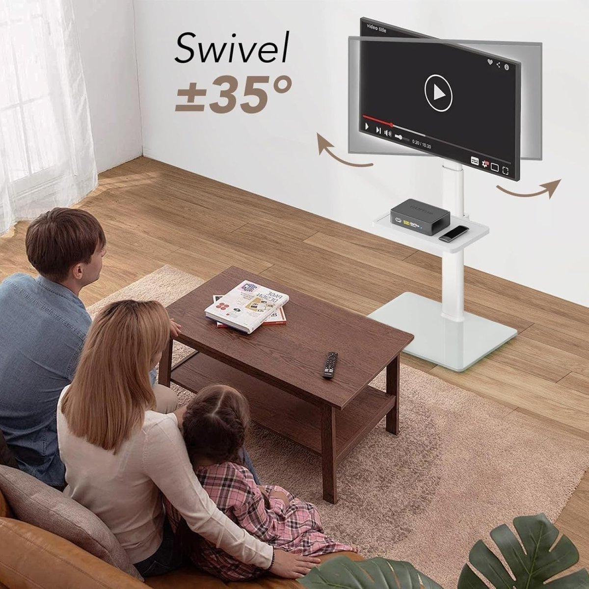 White Swivel Floor TV Stand 27–65" w/ Shelf, Height Adjustable, Corner Fit - Kwikley