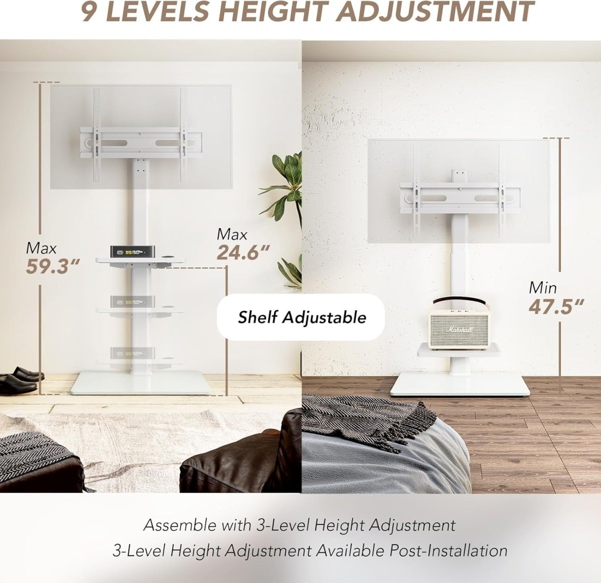 White Swivel Floor TV Stand 27–65" w/ Shelf, Height Adjustable, Corner Fit - Kwikley
