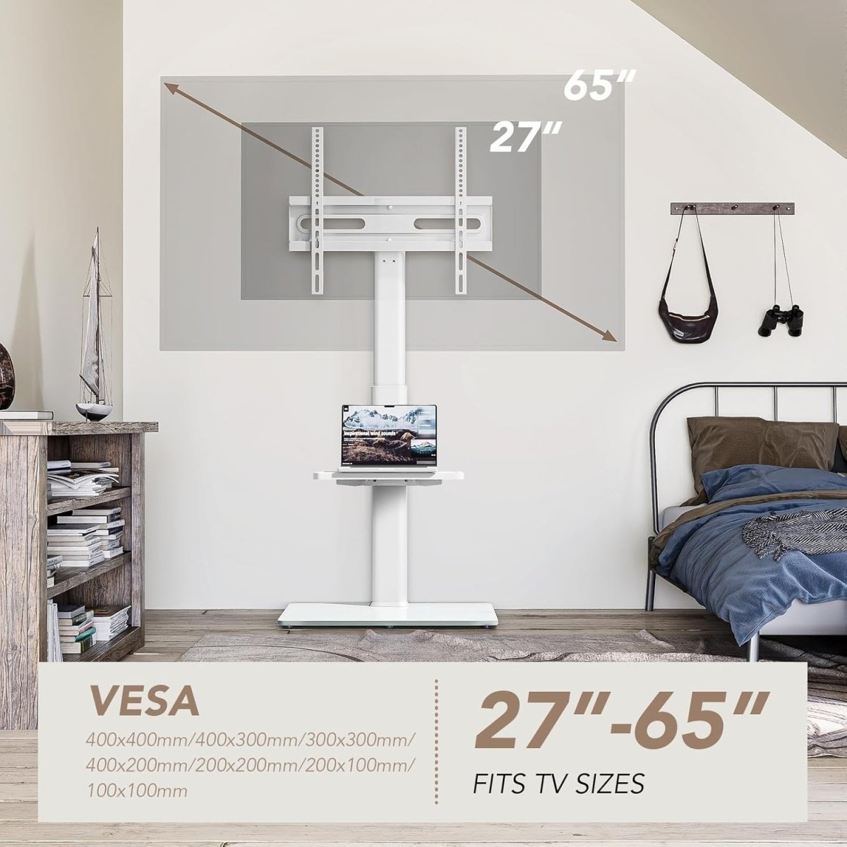 White Swivel Floor TV Stand 27–65" w/ Shelf, Height Adjustable, Corner Fit - Kwikley