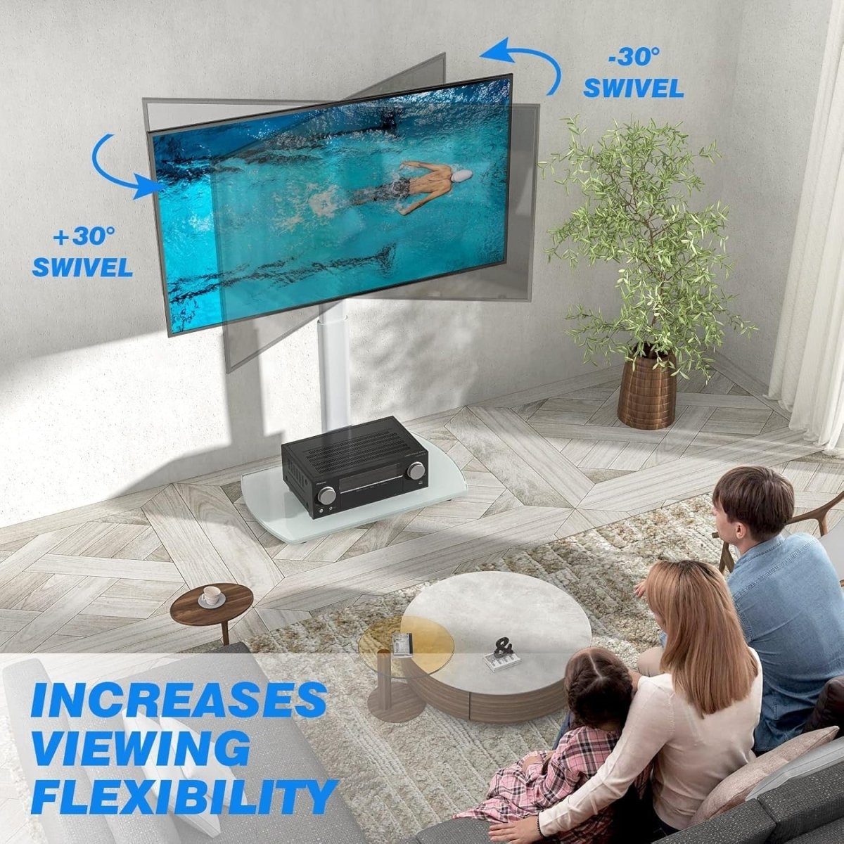White TV Stand 32-65” with Glass Base Swivel Tall Mount Cable Storage - Kwikley