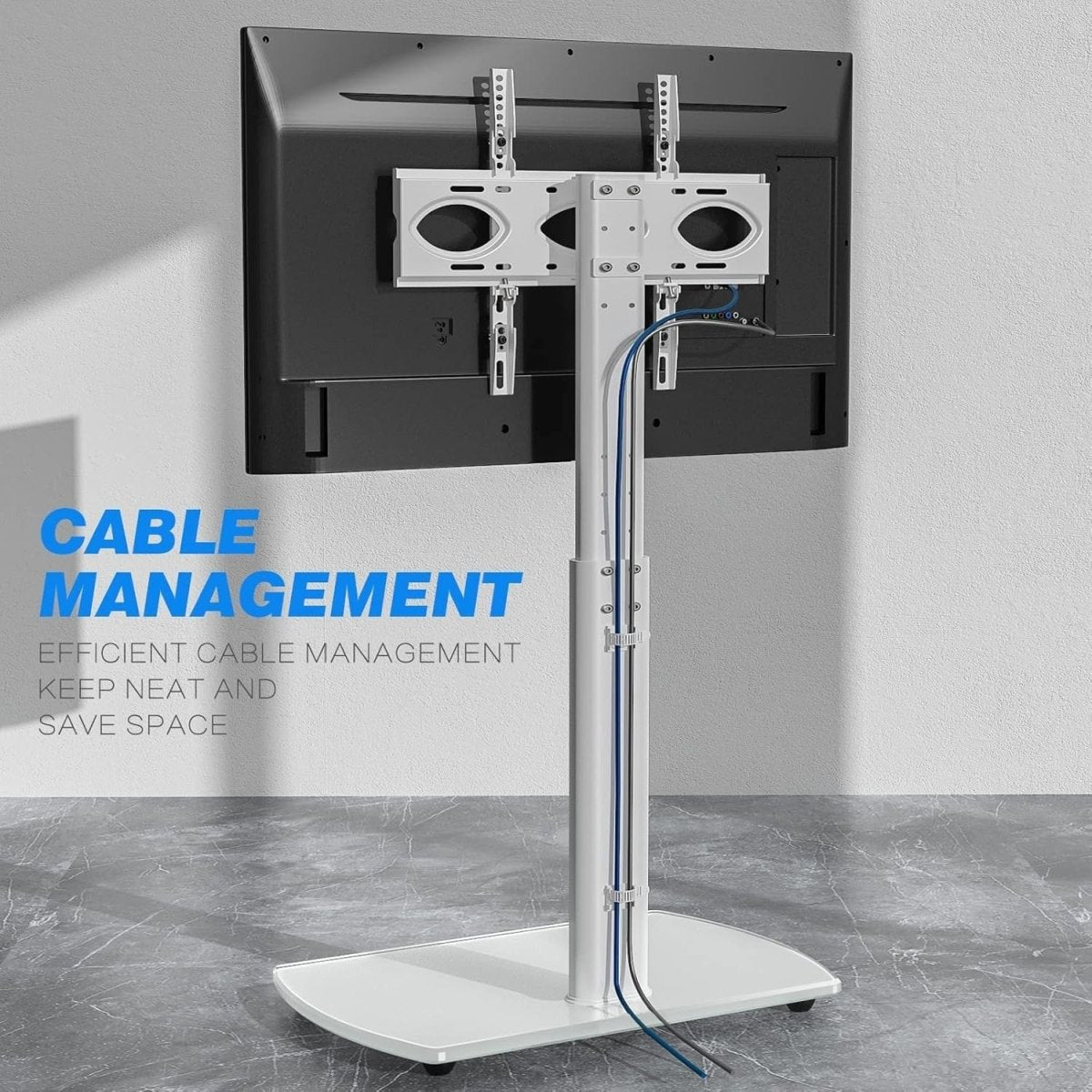White TV Stand 32-65” with Glass Base Swivel Tall Mount Cable Storage - Kwikley