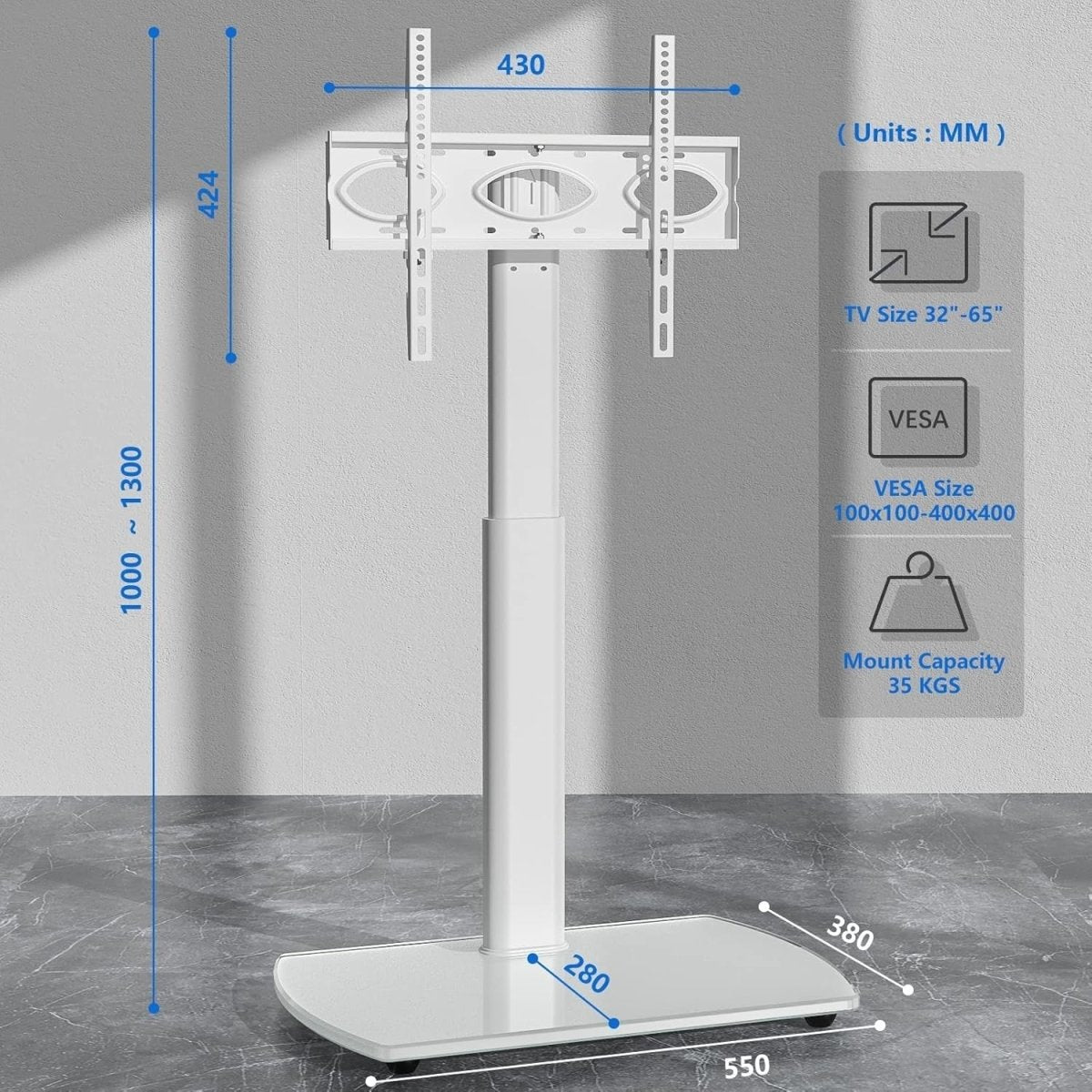 White TV Stand 32-65” with Glass Base Swivel Tall Mount Cable Storage - Kwikley
