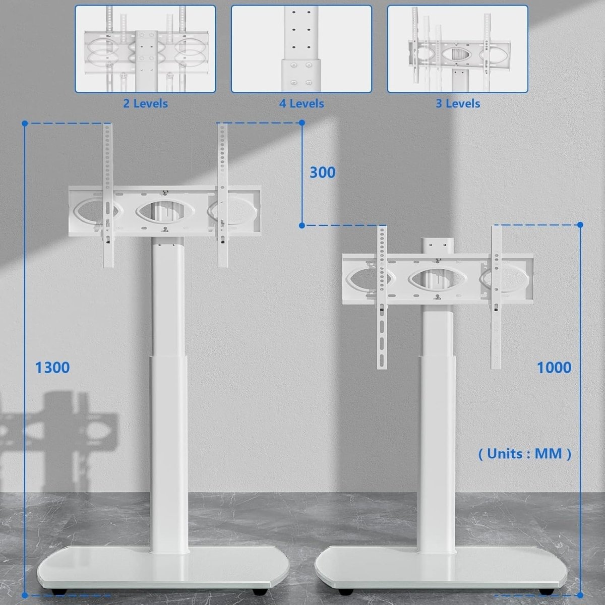 White TV Stand 32-65” with Glass Base Swivel Tall Mount Cable Storage - Kwikley