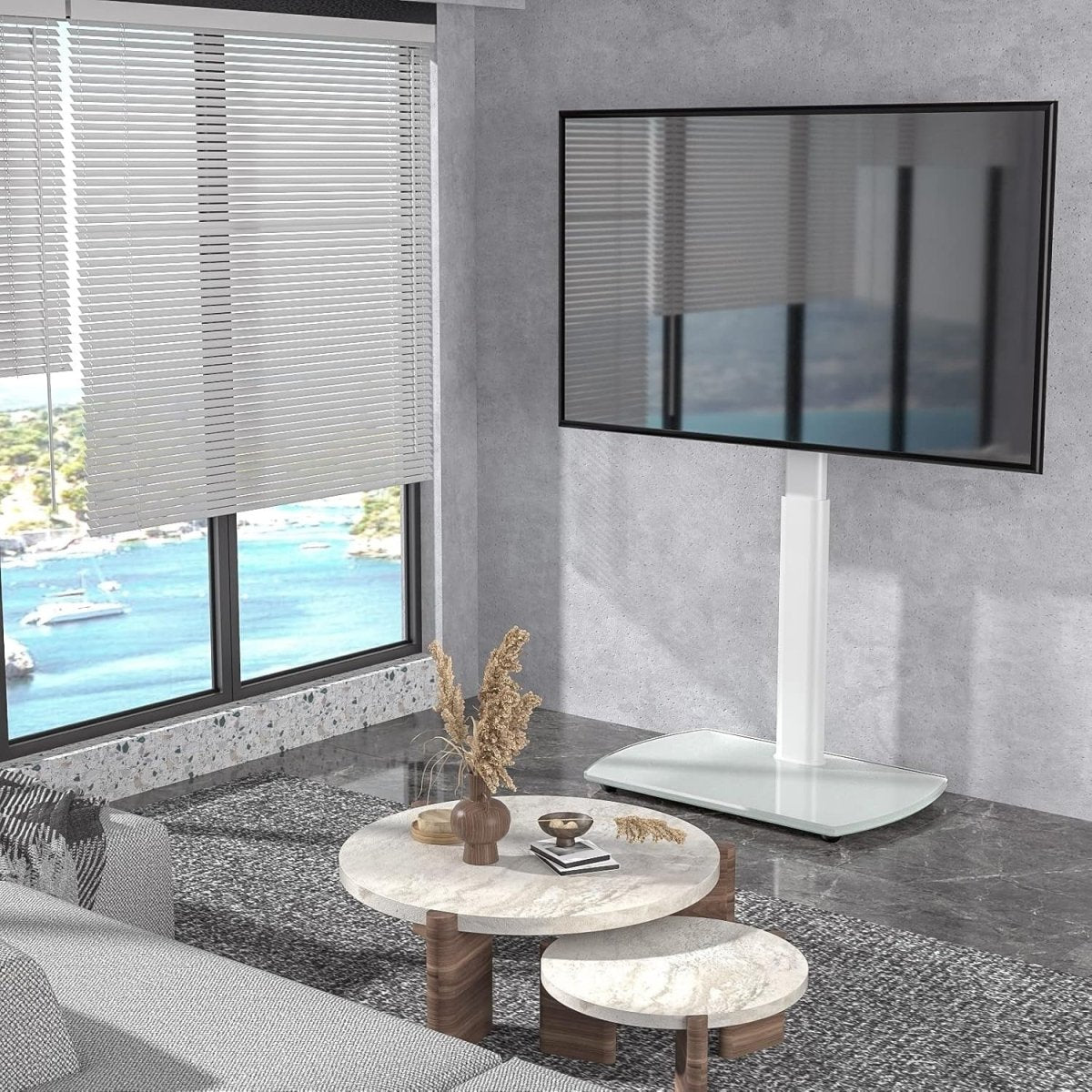 White TV Stand 32-65” with Glass Base Swivel Tall Mount Cable Storage - Kwikley