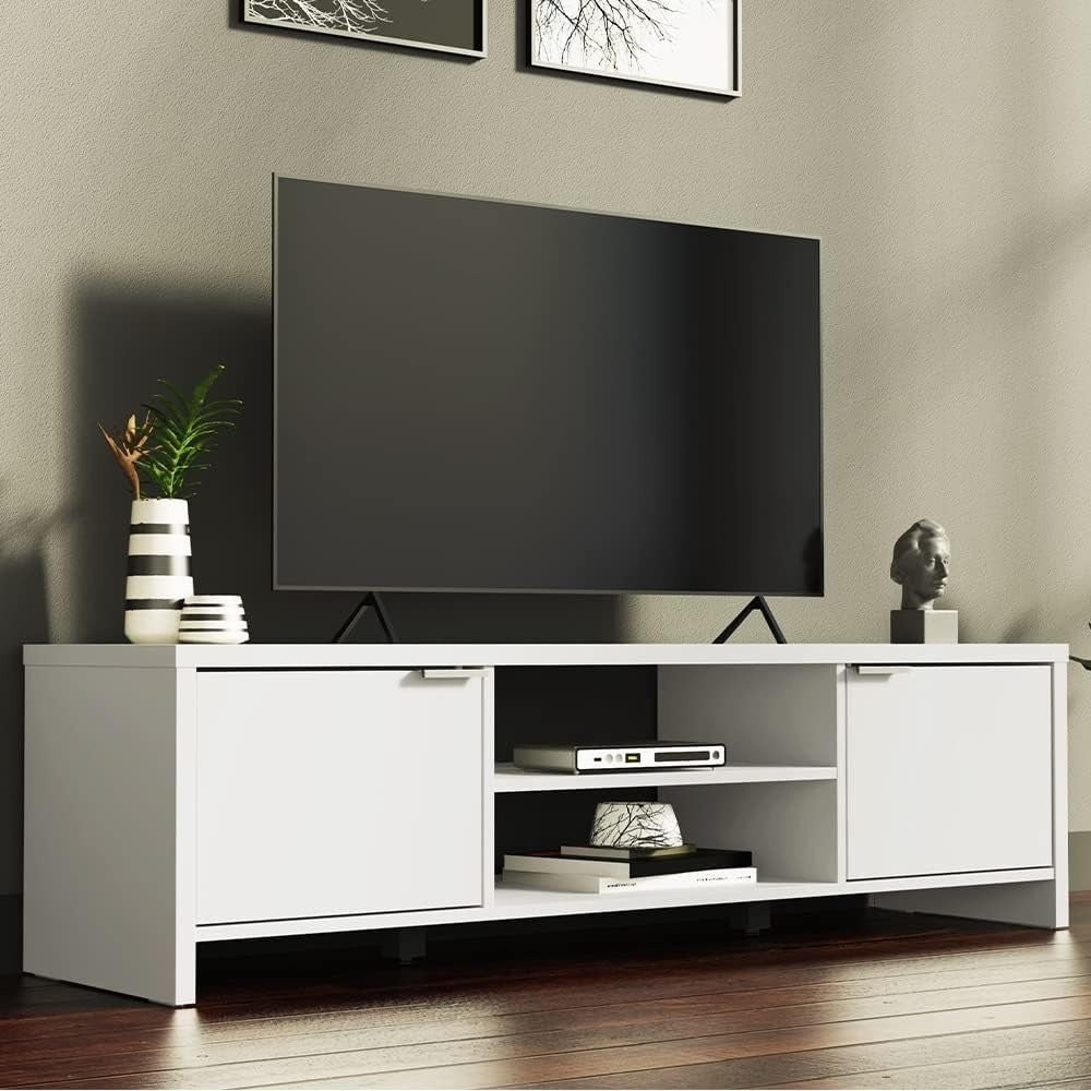 White TV Stand for 55-65" TVs with Cabinet Storage & Open Shelves Media Unit - Kwikley