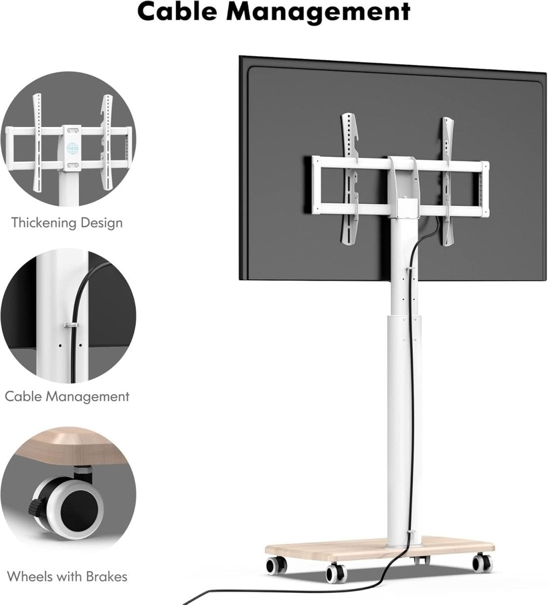 White TV Stand on Wheels 32–70” Floor Mount Swivel VESA 600x400, 40kg - Kwikley