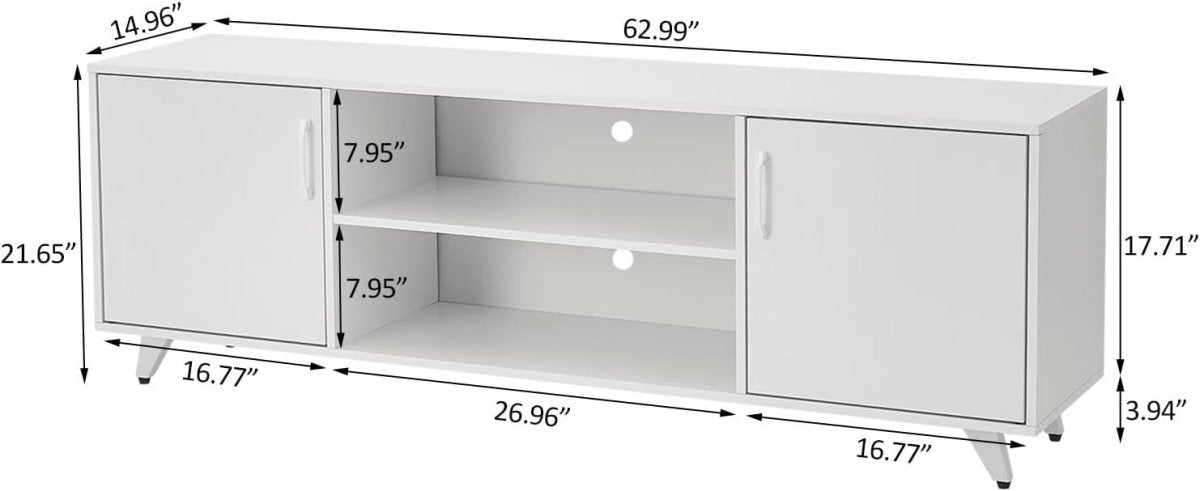 White TV Stand Unit for 70 Inch TV, 2 Doors, Storage Cabinet Shelves - Kwikley