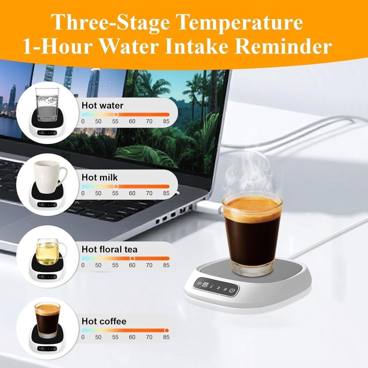 White USB Coffee Mug Warmer 3 Temp 55 - 85°C 8H Auto Off - Kwikley