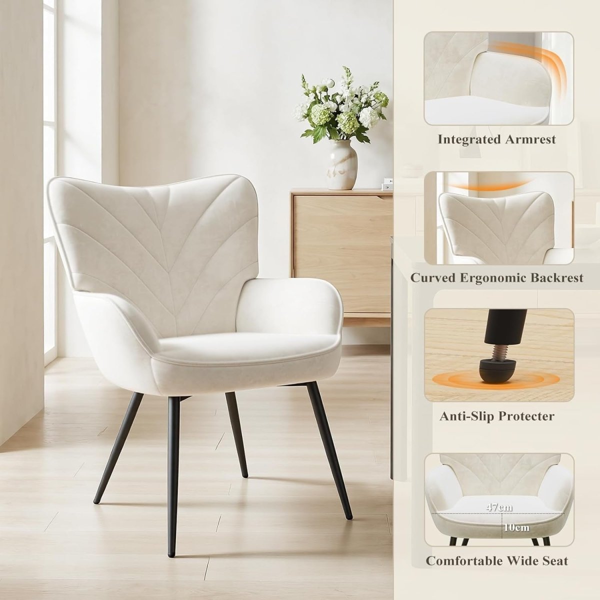 White Velvet Accent Chair Modern Armchair Black Metal Legs - Kwikley