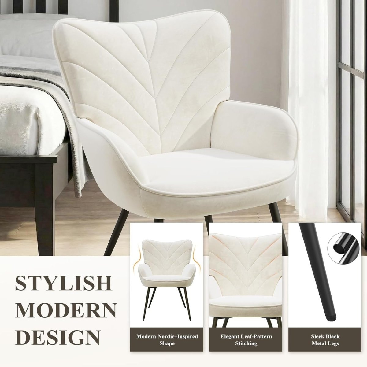 White Velvet Accent Chair Modern Armchair Black Metal Legs - Kwikley