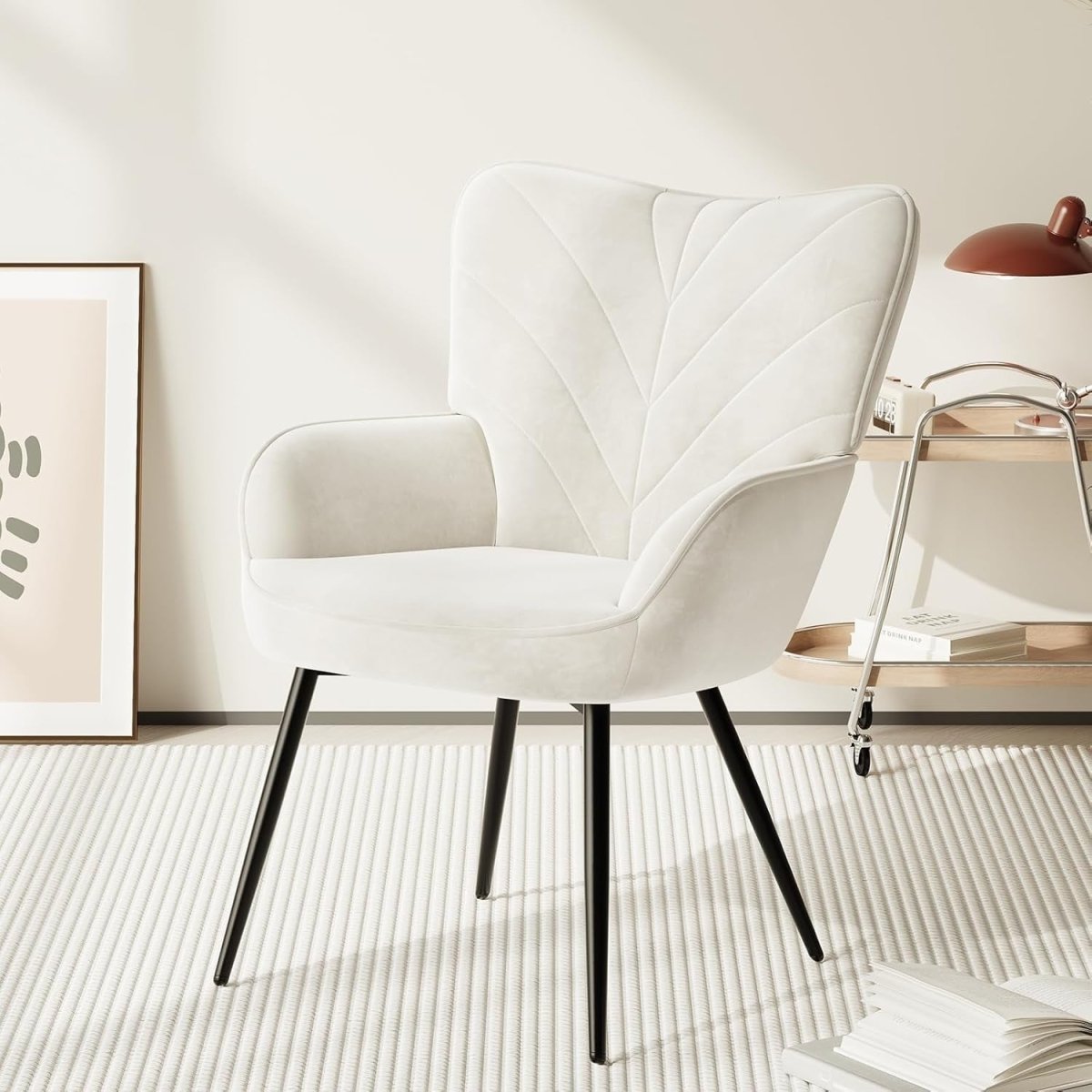 White Velvet Accent Chair Modern Armchair Black Metal Legs - Kwikley