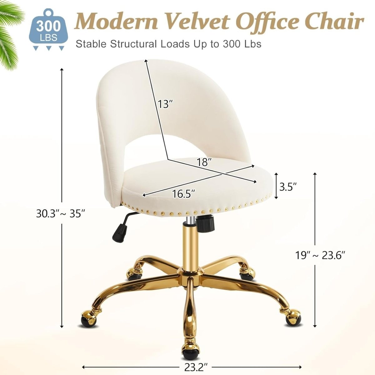 White Velvet Swivel Desk Chair – Adjustable Height Armless Vanity Seat - Kwikley