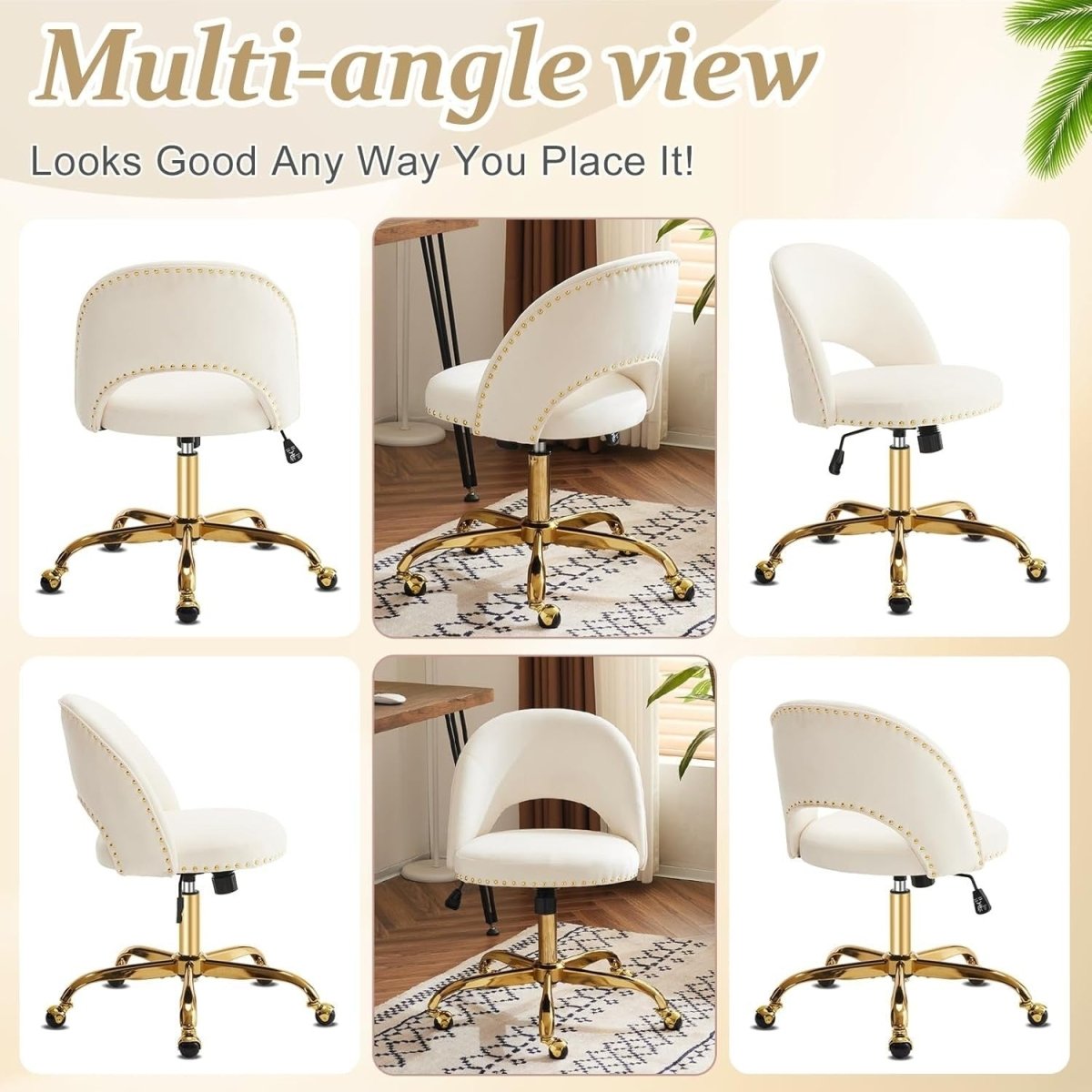White Velvet Swivel Desk Chair – Adjustable Height Armless Vanity Seat - Kwikley