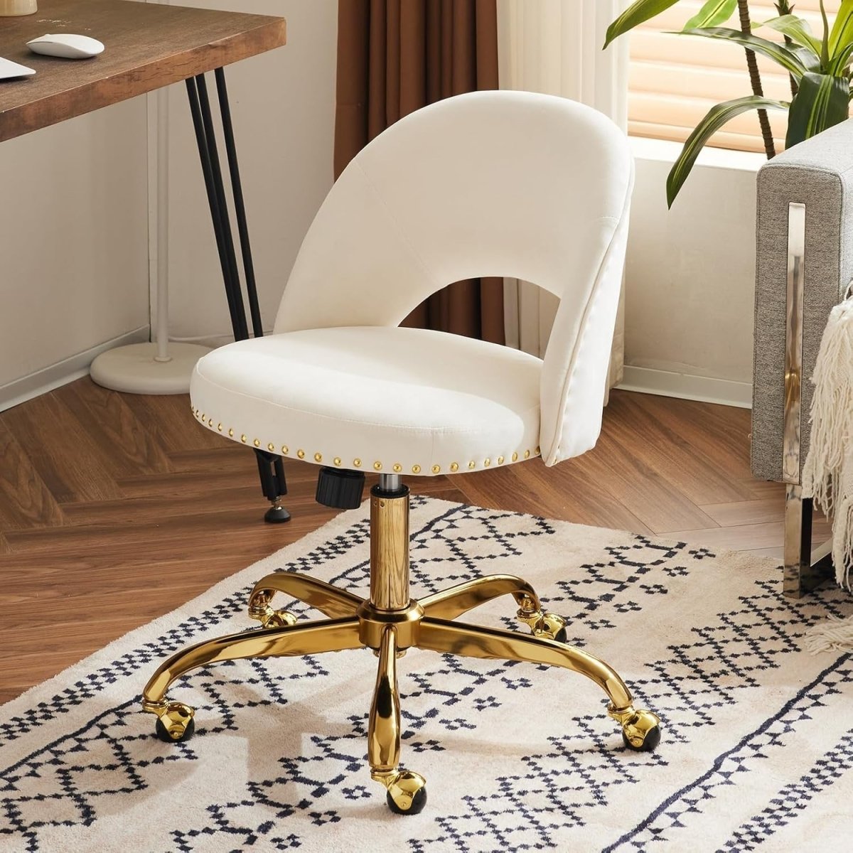 White Velvet Swivel Desk Chair – Adjustable Height Armless Vanity Seat - Kwikley