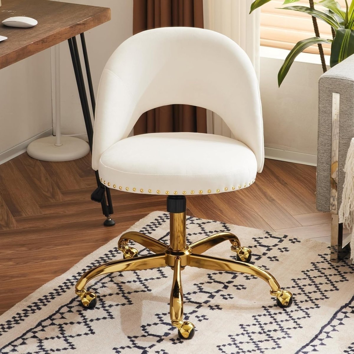White Velvet Swivel Desk Chair – Adjustable Height Armless Vanity Seat - Kwikley