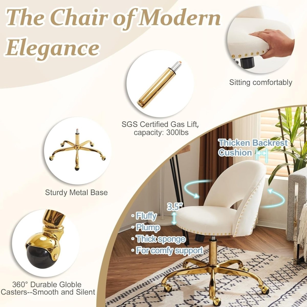 White Velvet Swivel Desk Chair – Adjustable Height Armless Vanity Seat - Kwikley